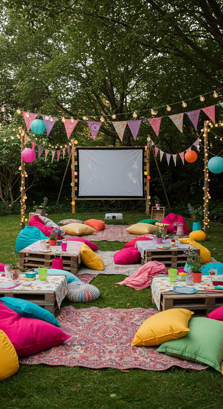 Cinéma en plein air champêtre avec palettes en bois, coussins colorés, fanions et guirlandes lumineuses.