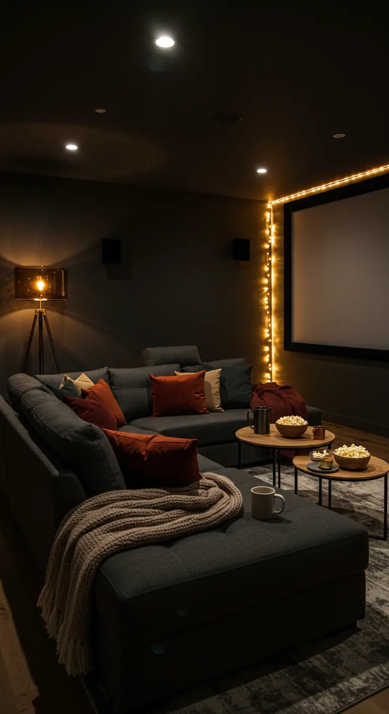 Salle de cinéma maison avec grand canapé gris, coussins orange et guirlandes lumineuses autour de l'écran.
