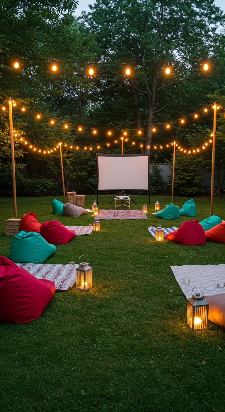 Cinéma extérieur dans un jardin avec guirlandes, écran, poufs colorés et lanternes en bois.