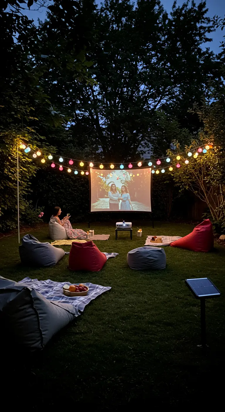 Soirée cinéma en plein air avec écran de projection, poufs et guirlandes solaires colorées.