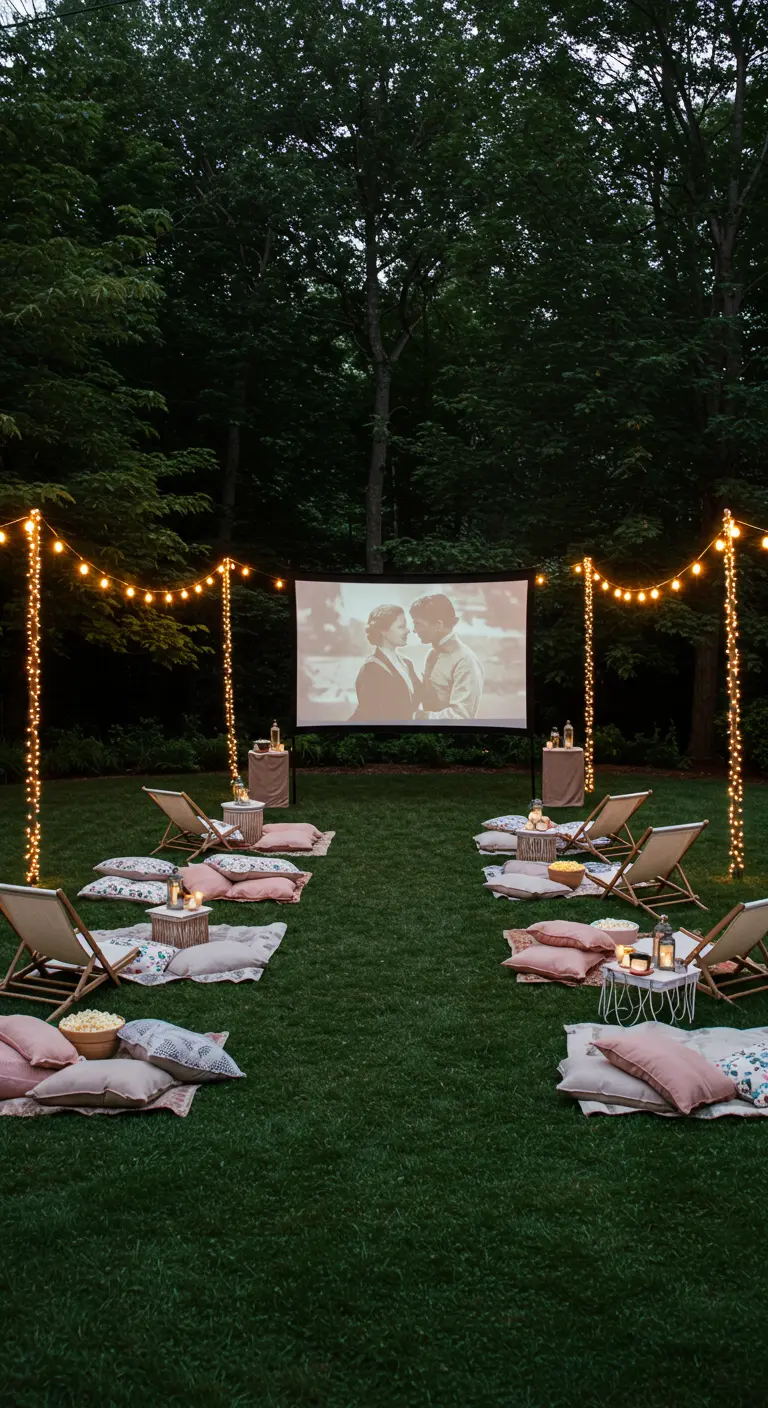 Soirée cinéma en plein air avec écran de projection, guirlandes lumineuses et coussins au sol.