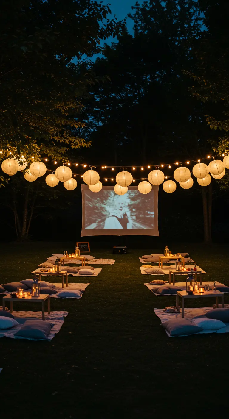 Soirée cinéma en plein air dans un jardin avec lampions blancs et guirlandes lumineuses.
