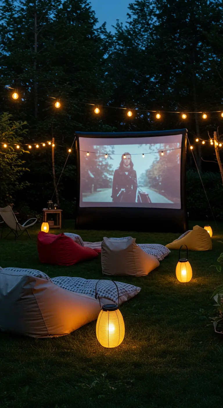 Séance de cinéma en plein air avec écran, poufs, guirlandes et lanternes au sol.
