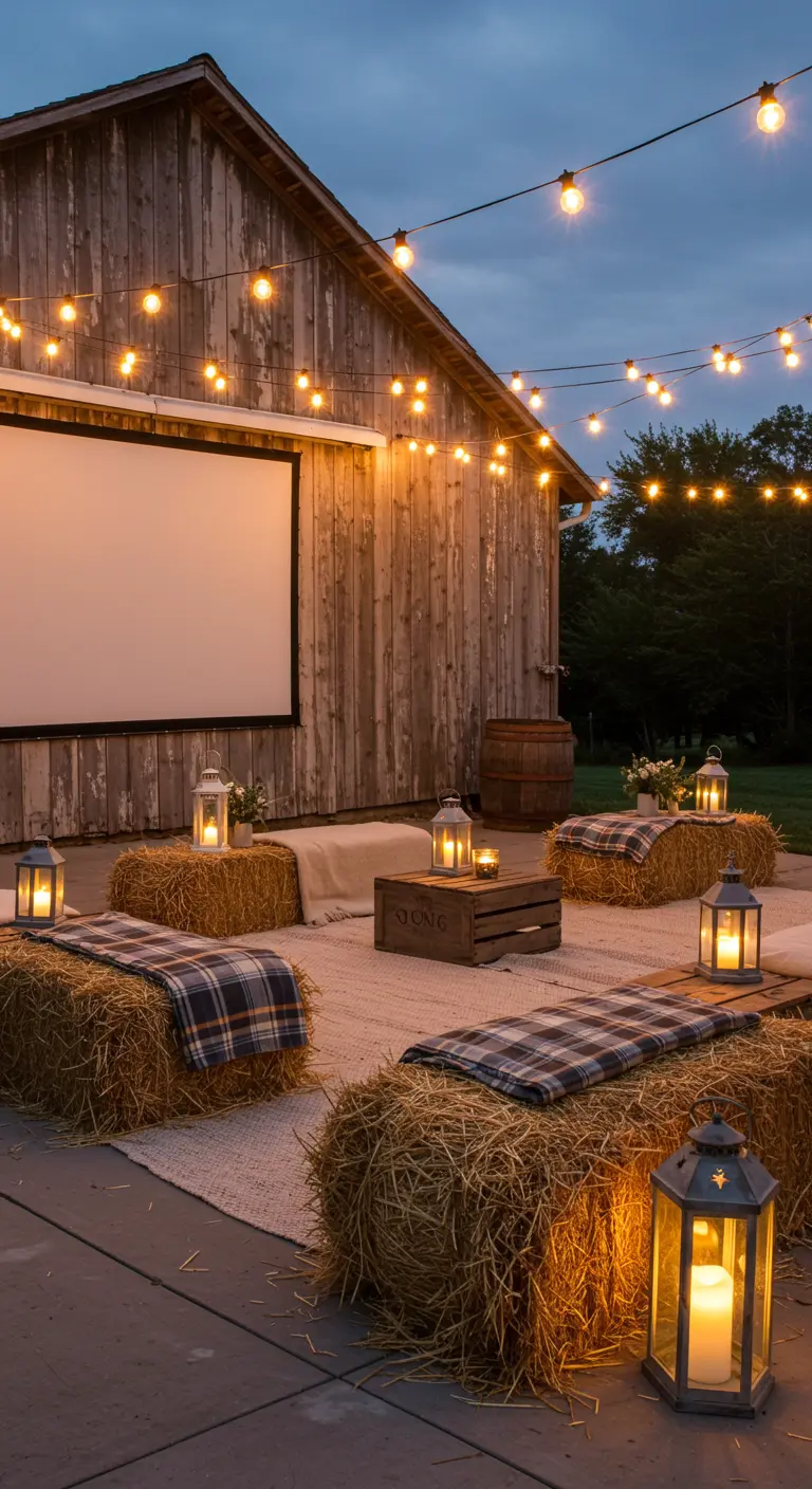 Cinéma extérieur rustique devant une grange en bois, avec bottes de foin, plaids et guirlandes.