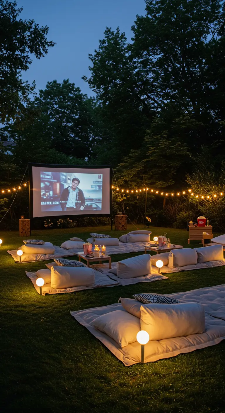 Séance de cinéma en plein air dans un jardin avec grand écran, guirlandes lumineuses et coussins au sol.