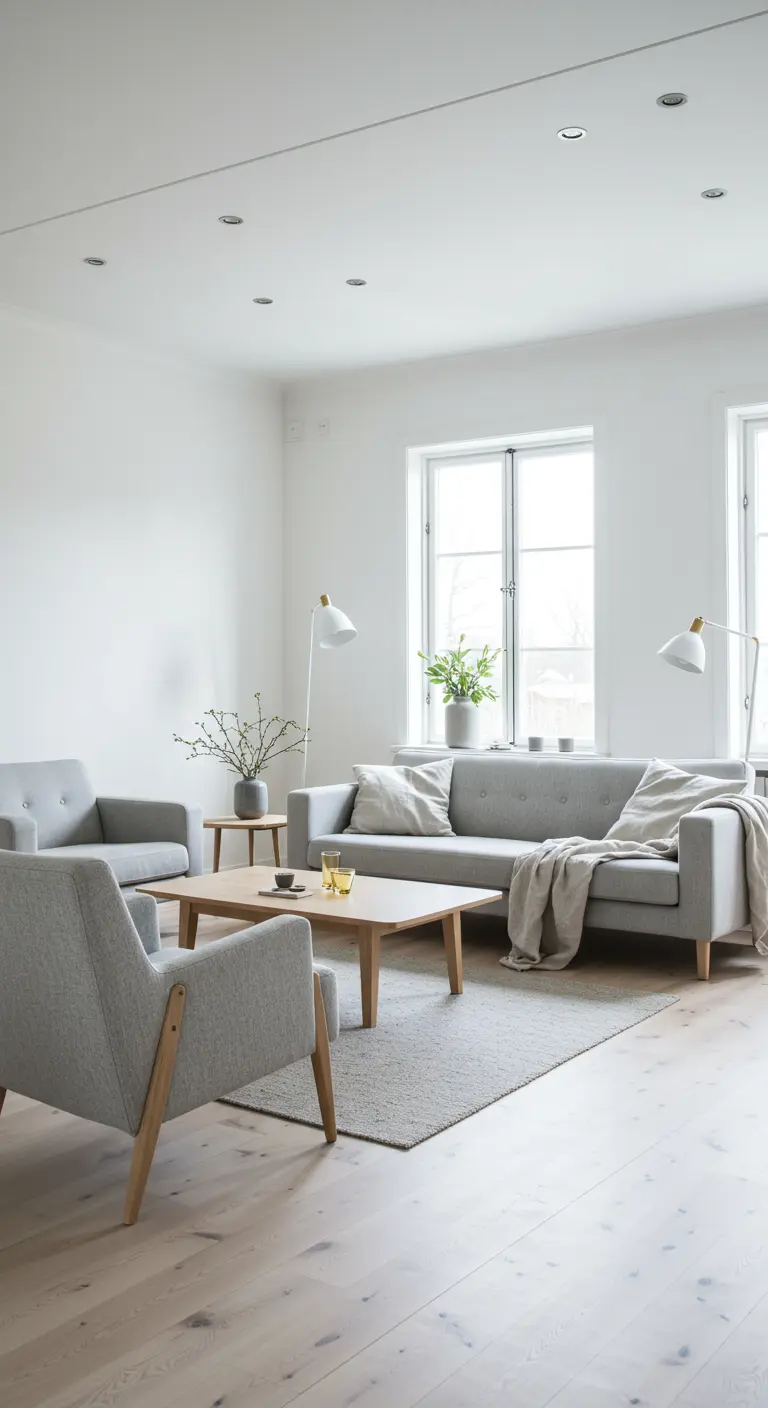 Salon scandinave blanc et gris avec canapé, fauteuils, table basse bois clair et lampadaires minimalistes.