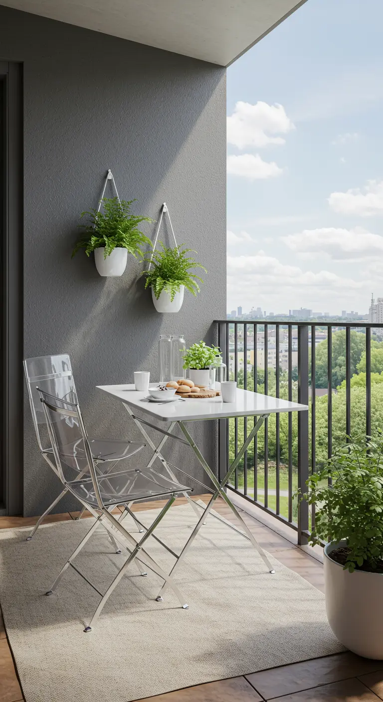 Balcon minimaliste avec mobilier blanc, chaises transparentes, plantes vertes suspendues.