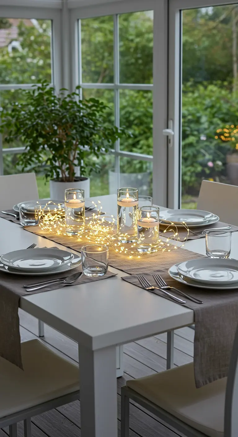 Table moderne avec un chemin de guirlandes lumineuses sous des verres à bougies flottantes.