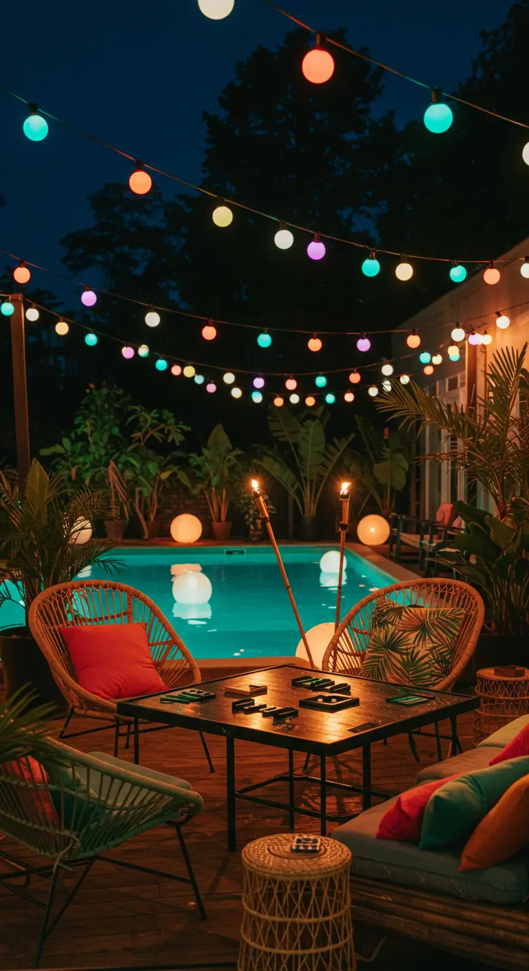 Terrasse de piscine colorée avec guirlandes, torches tiki, mobilier en rotin et boules lumineuses flottantes.