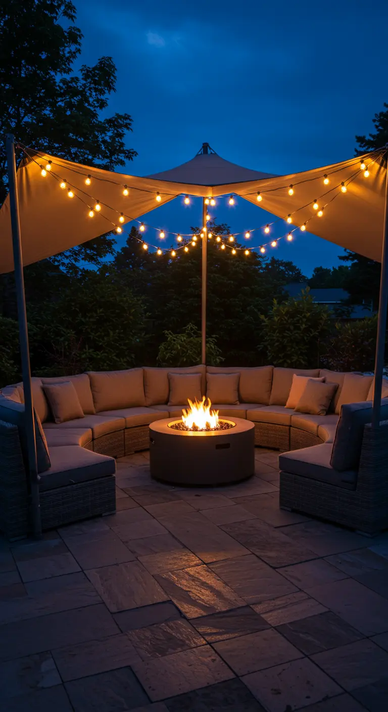 Coin salon extérieur avec foyer central, sièges circulaires et guirlandes sous un auvent.