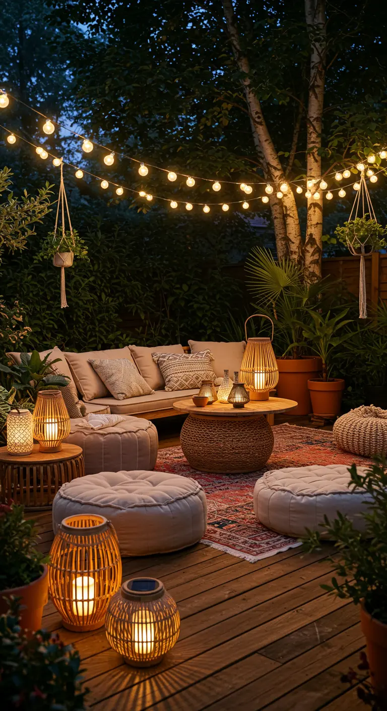 Patio éclairé par des guirlandes lumineuses et des lanternes solaires au sol, créant une ambiance bohème.