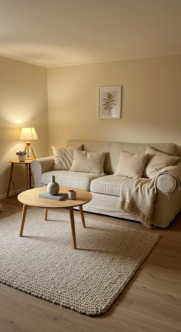 Petit salon cosy, canapé crème, table basse bois ronde, tapis tricoté, lampe de table.