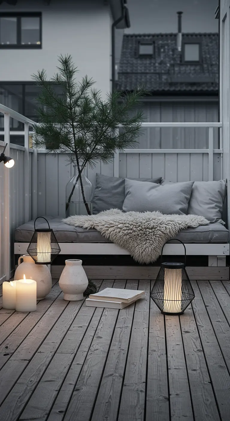 Balcon hivernal cosy avec banc gris, plaid en fausse fourrure, lanternes noires et bougies, petit sapin.
