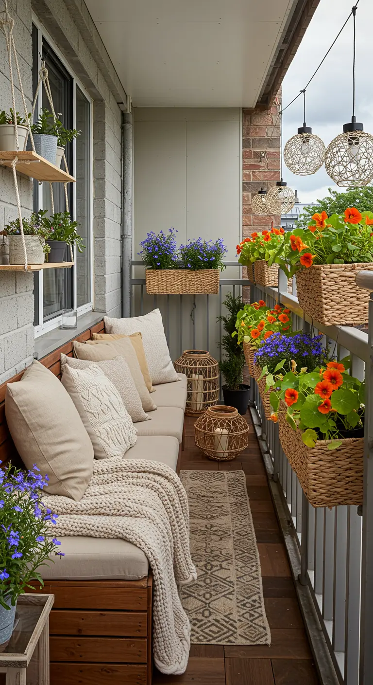 Balcon aux tons neutres avec banc, coussins moelleux et jardinières suspendues.