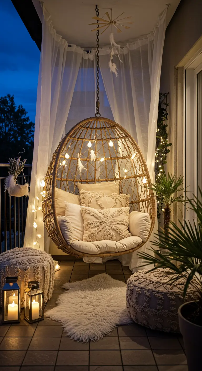 Fauteuil suspendu en rotin, voilages, coussins moelleux, guirlandes lumineuses et tapis.