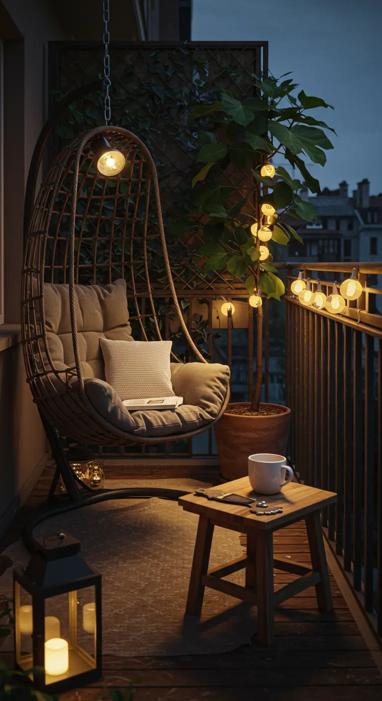 Petit balcon avec chaise œuf suspendue, tabouret bois, guirlande lumineuse.