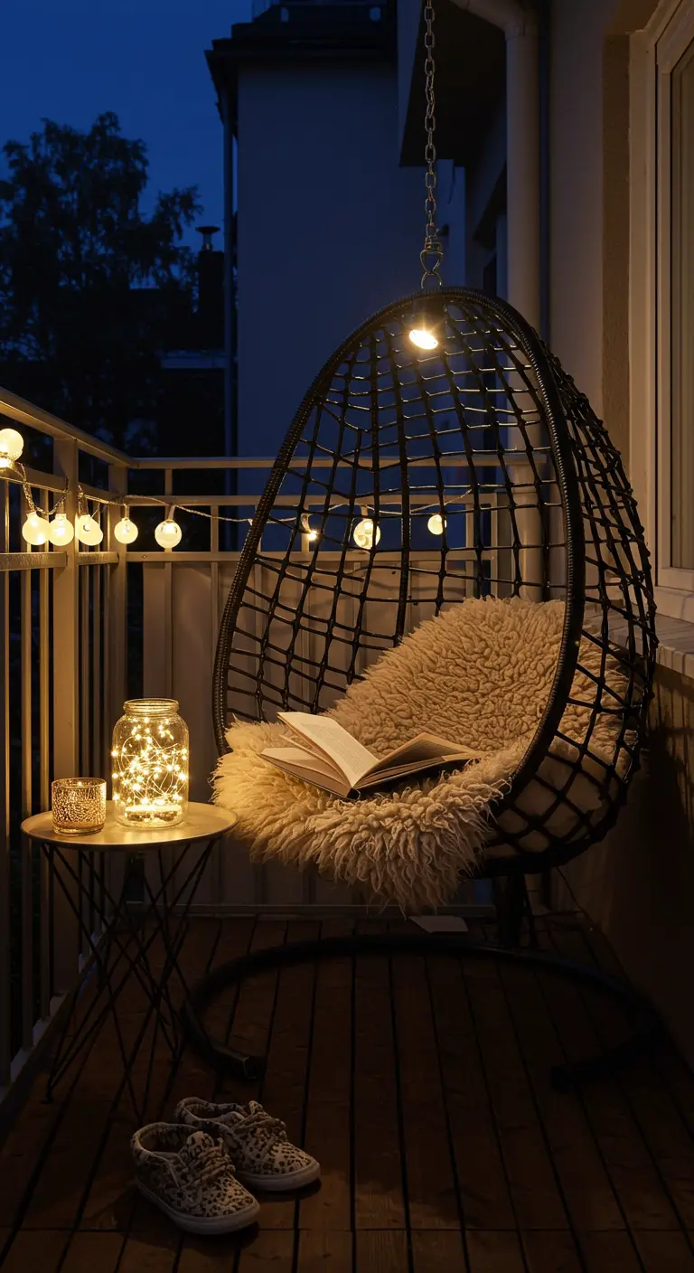 Petit balcon cosy avec fauteuil suspendu, plaid en fourrure, guirlandes lumineuses et bocal lumineux.
