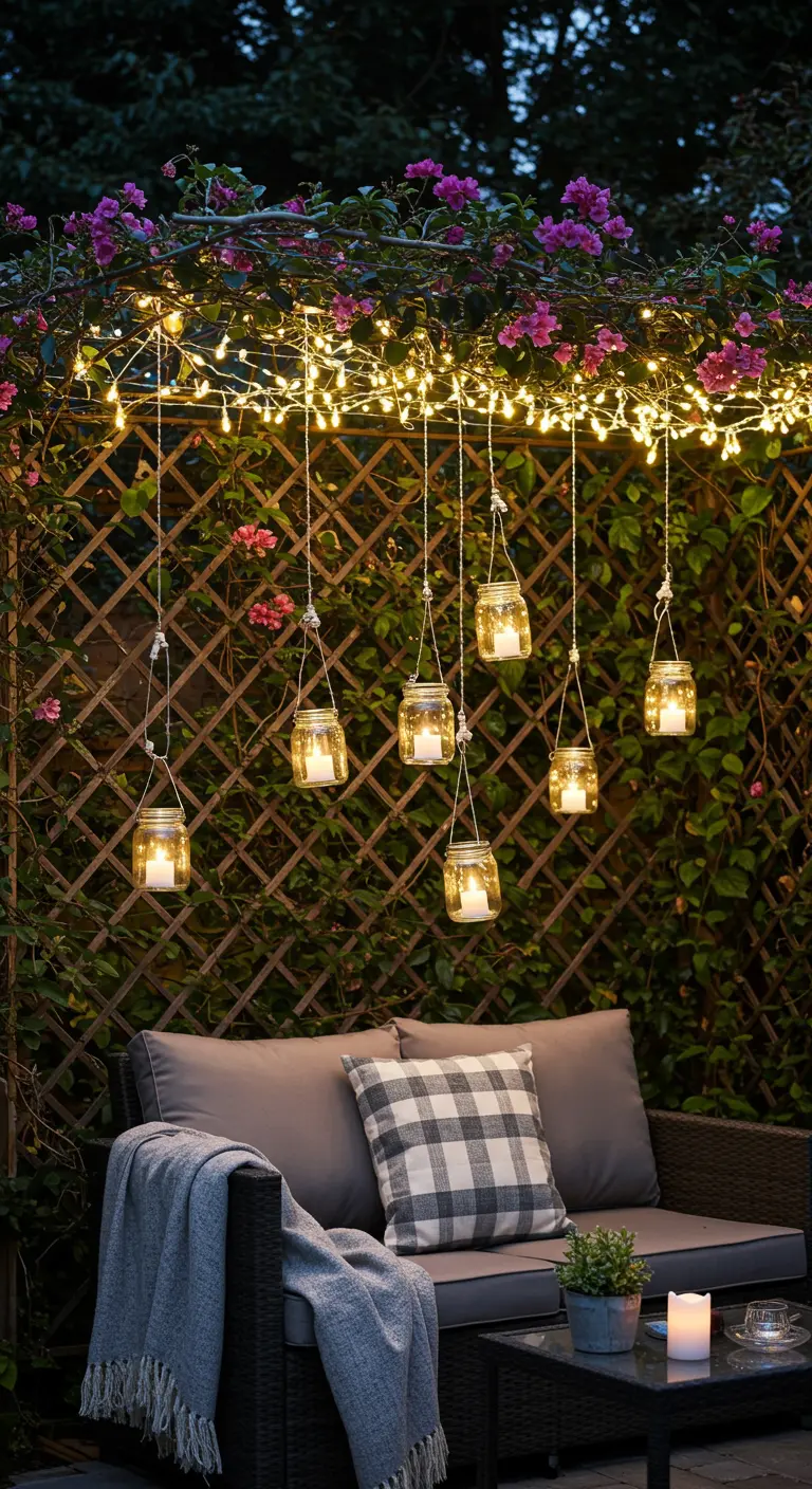 Coin de jardin avec canapé, guirlandes lumineuses et bocaux suspendus à un treillis végétalisé.