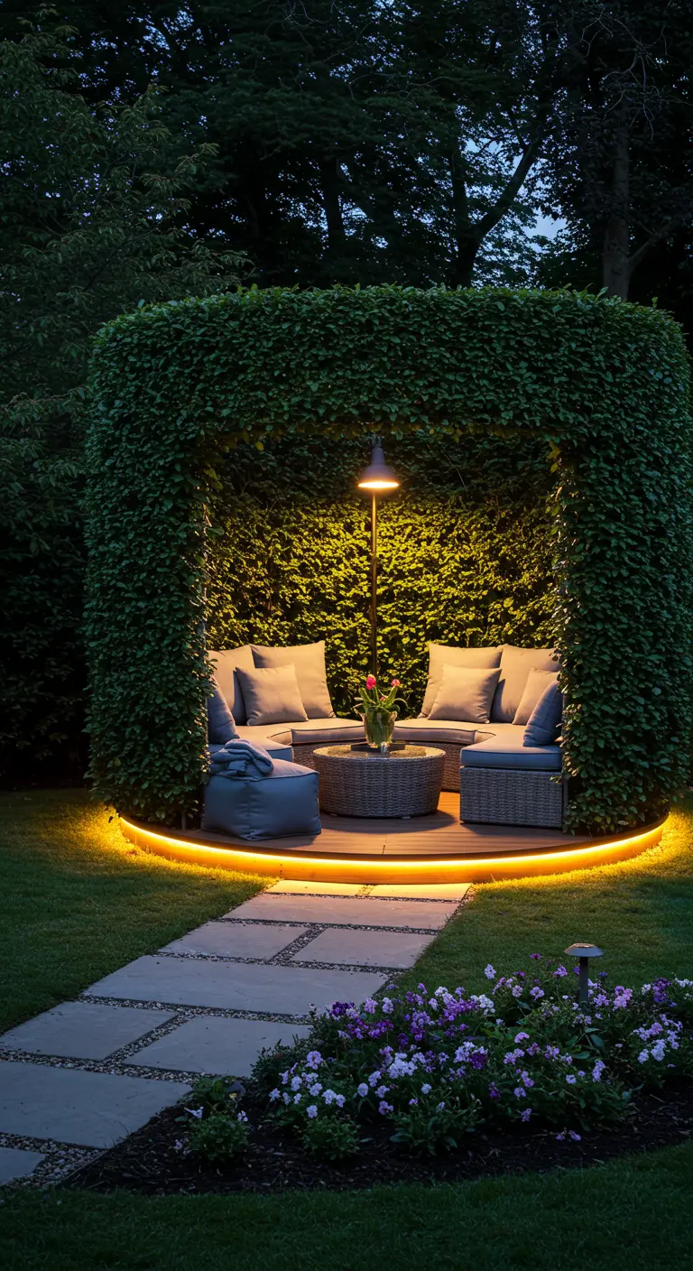Salon de jardin extérieur dans un enclos de haie avec ruban LED au sol.