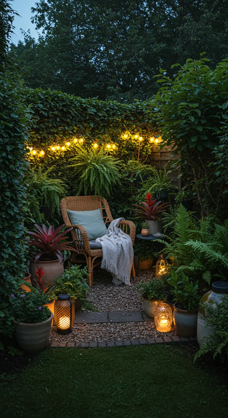Coin salon de jardin secret avec un fauteuil en rotin, entouré de végétation luxuriante et de lumières.