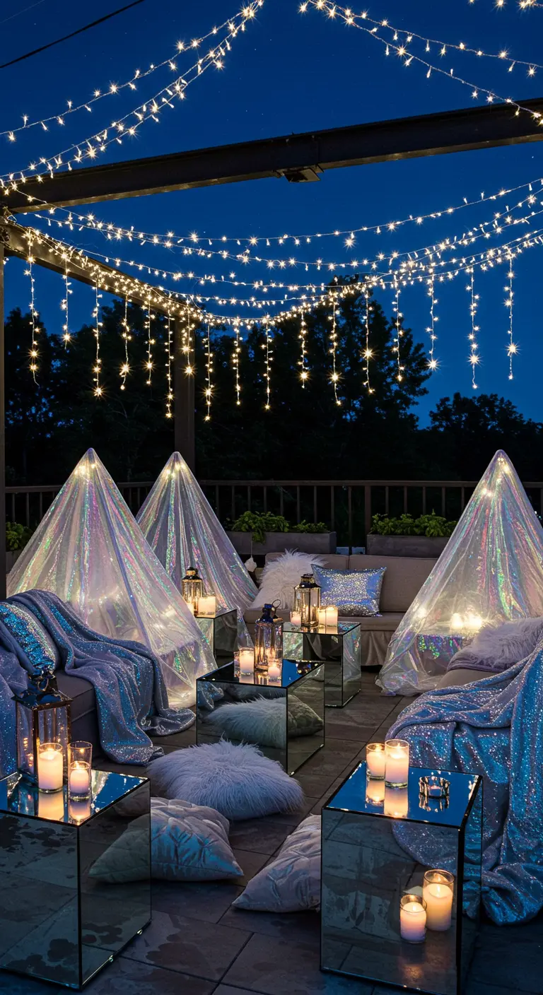 Terrasse extérieure avec guirlandes lumineuses, tentes iridescentes, tables miroir et plaids pailletés.