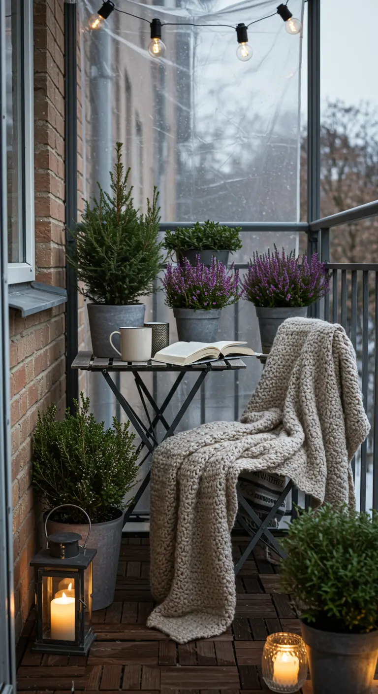 Balcon hivernal avec petits sapins, bruyère en pots, plaid épais sur une chaise, bougies et lanterne.