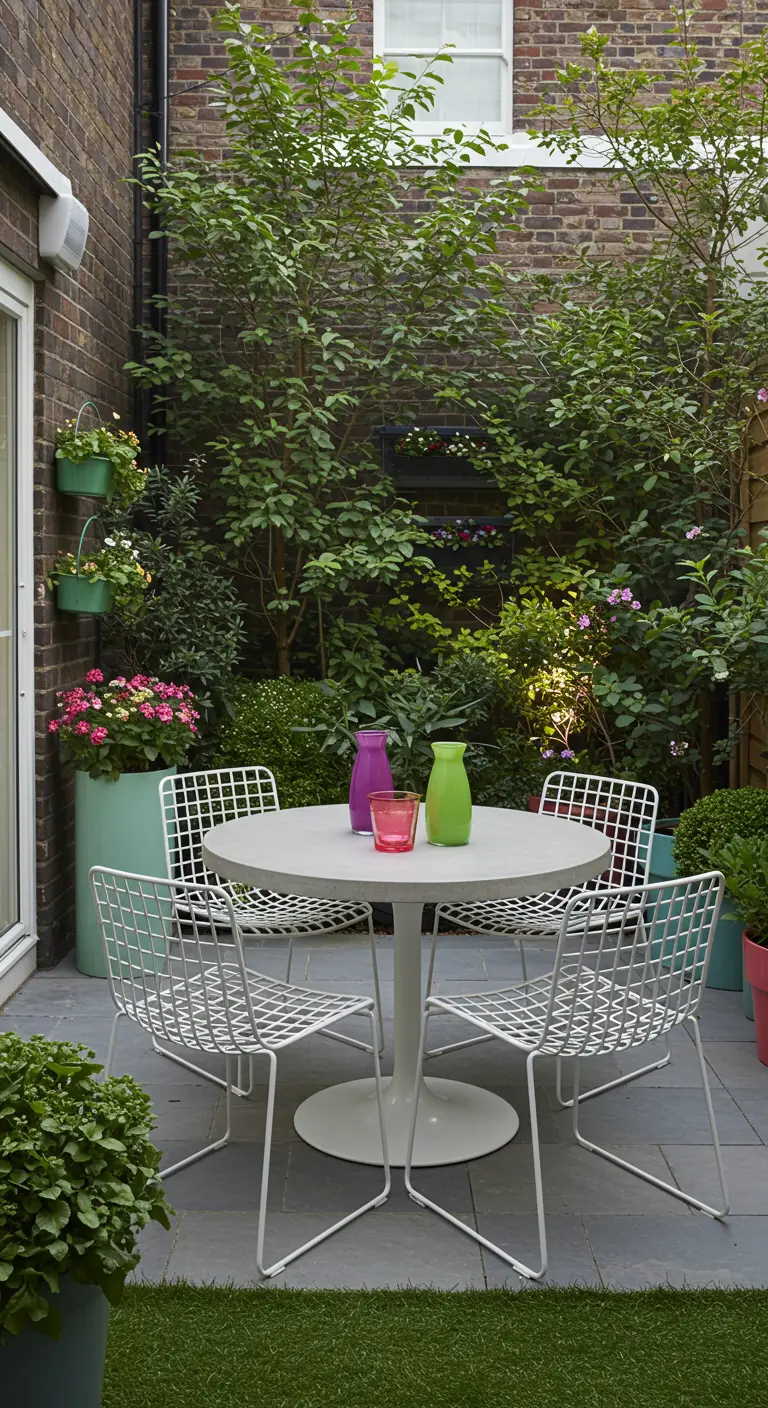 Table ronde en béton et chaises blanches en acier filaire dans un jardin verdoyant.