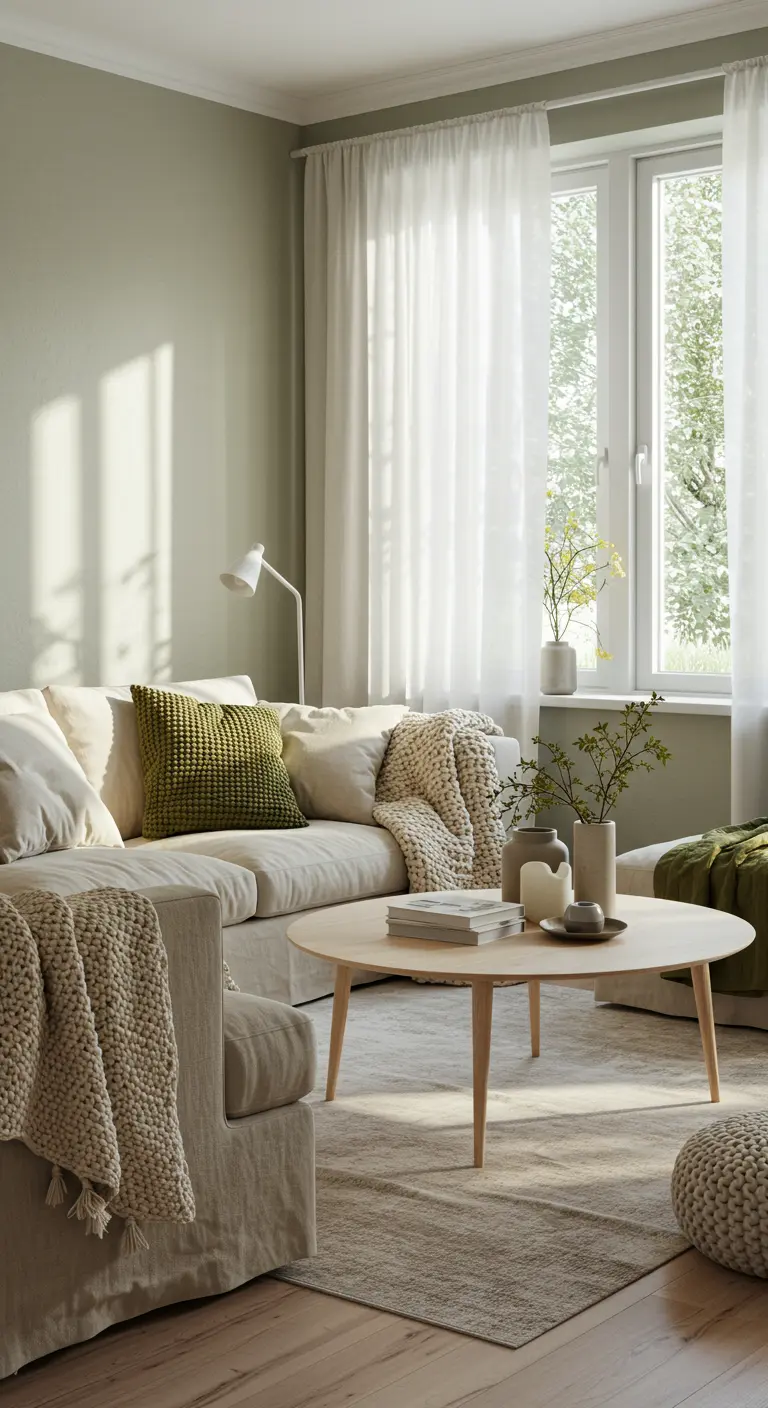 Salon scandinave avec mur vert olive, canapé clair, coussins verts, plaid crème et table basse bois clair.