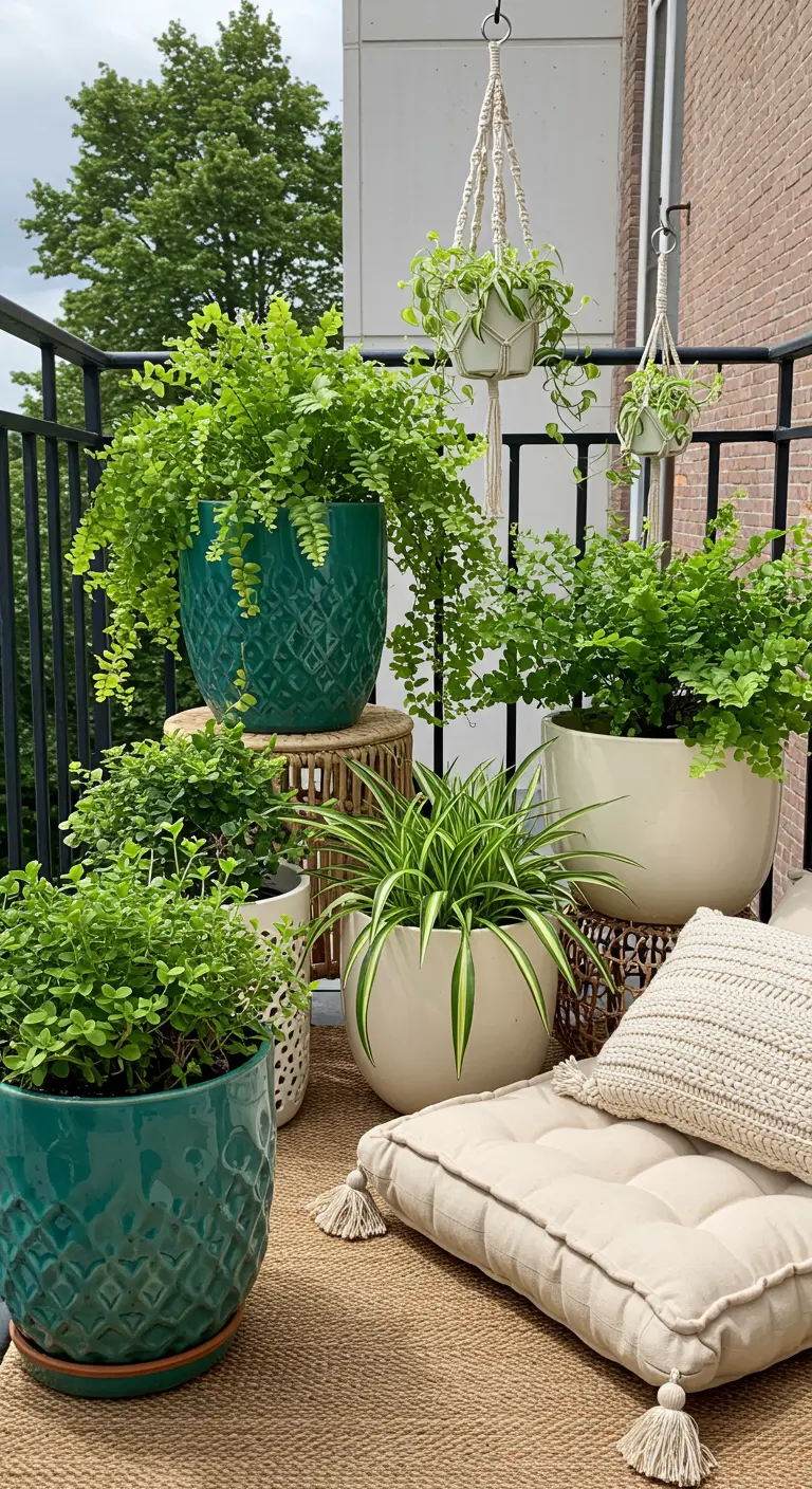 Balcon bohème avec pots turquoise et crème, fougères, coussins de sol et suspensions en macramé.