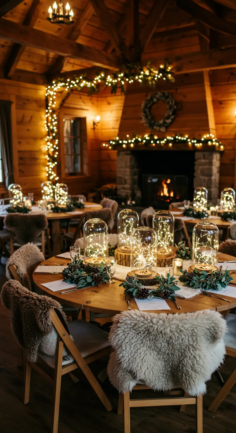 Tables de mariage d'hiver dans un chalet avec couronnes de conifères et cloches lumineuses.