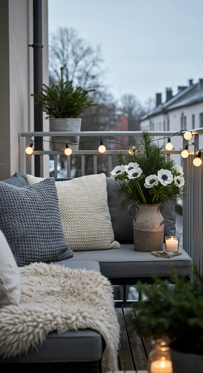 Balcon d'hiver avec canapé gris, coussins texturés, plaid en fausse fourrure et bouquet d'anémones.