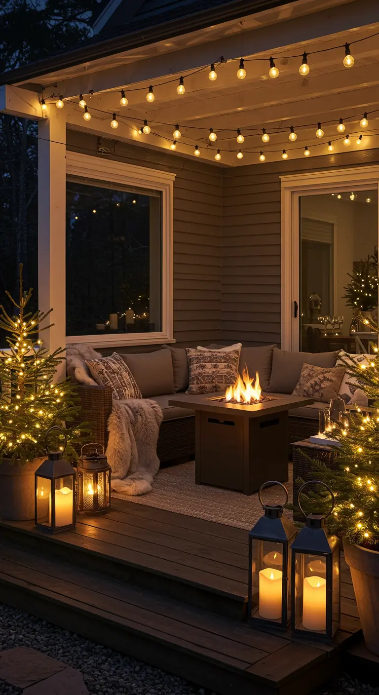 Terrasse extérieure cosy la nuit, avec un canapé, un foyer, et de nombreuses guirlandes et lanternes.