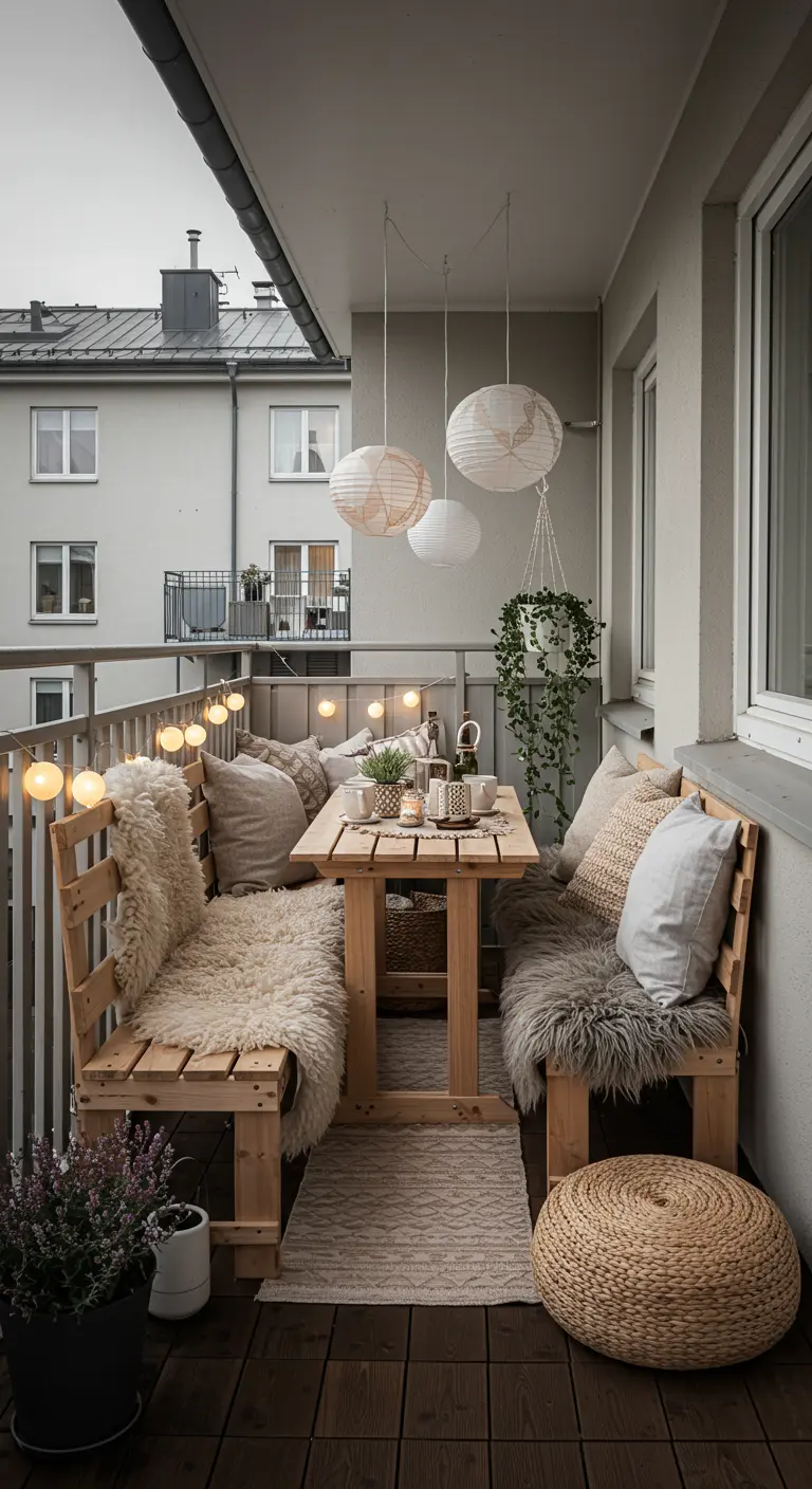 Balcon cocooning avec banquette en bois, plaids en fausse fourrure, lampions blancs et pouf en osier.