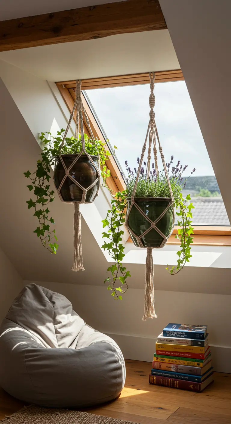 Pots verts suspendus en macramé avec lierre et lavande, près d'un pouf sous une fenêtre de toit.