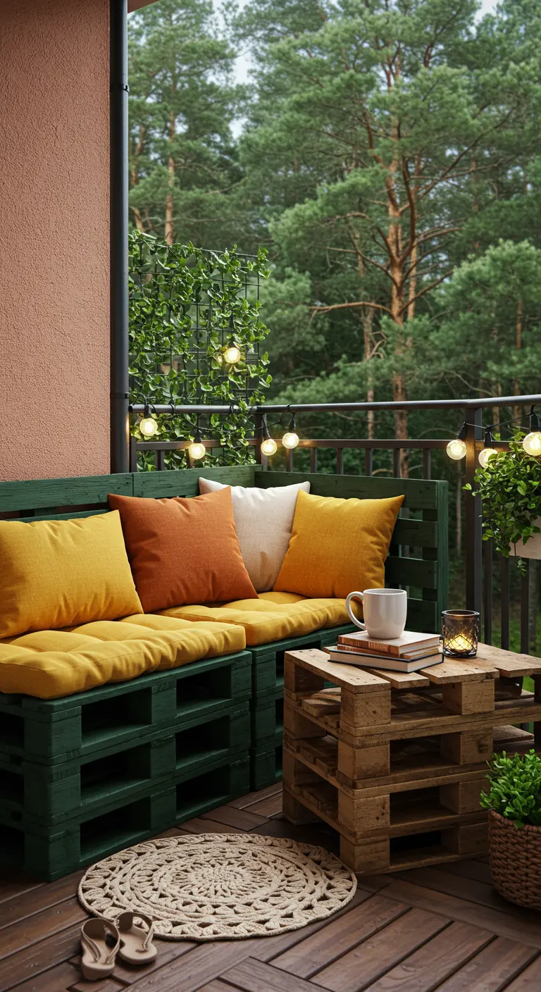 Balcon avec salon palettes vert foncé, coussins jaune/orange, treillis végétal et tapis tressé.
