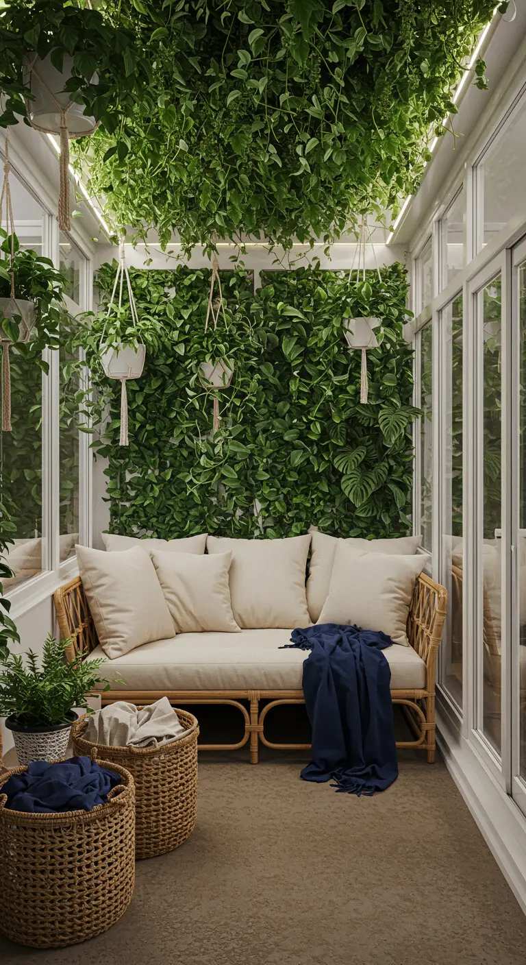 Véranda verdoyante avec mur végétal, plantes suspendues, canapé en rotin et plaid bleu foncé.