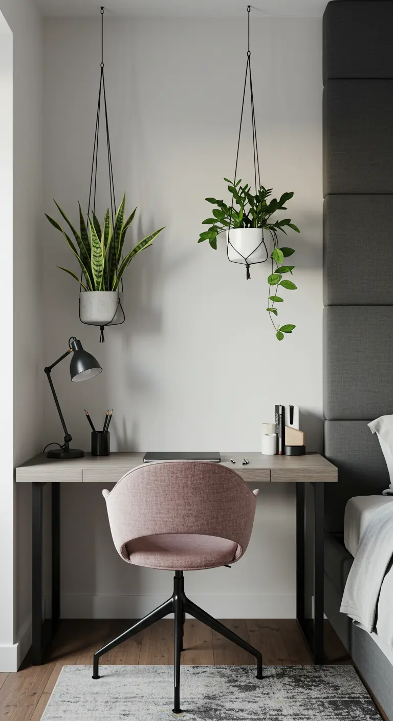 Bureau moderne avec une chaise rose, des pots suspendus géométriques (gris, blanc) et des plantes vertes au-dessus du bureau.