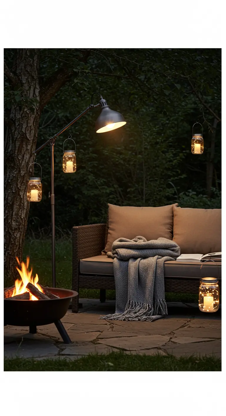 Coin lounge extérieur avec brasero, canapé, lampadaire et bocaux lumineux pour une ambiance cosy.