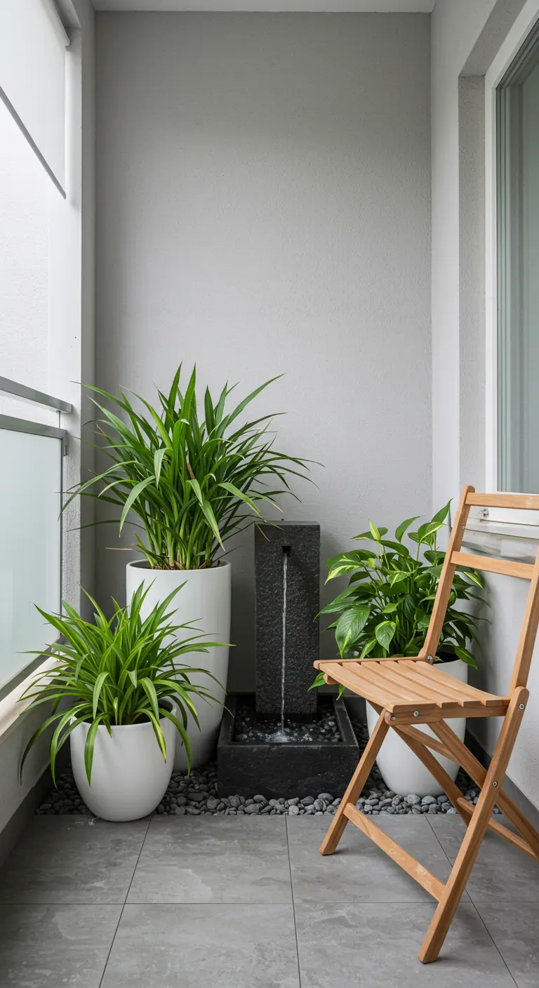 Coin de balcon avec pots blancs, plantes vertes, petite fontaine verticale et galets sur carrelage.