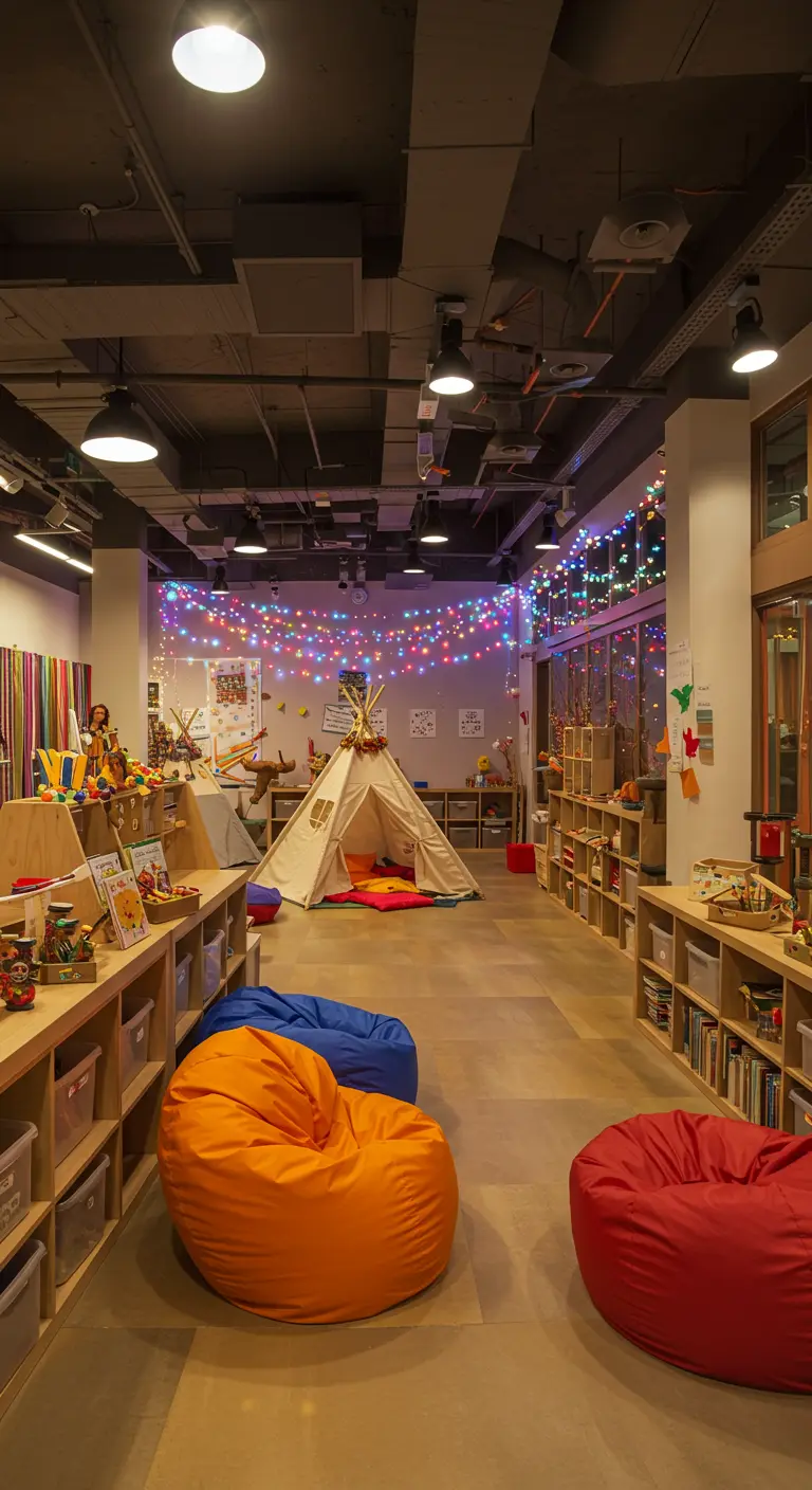 Salle de jeux pour enfants avec tipi et poufs colorés, sous des guirlandes lumineuses multicolores.