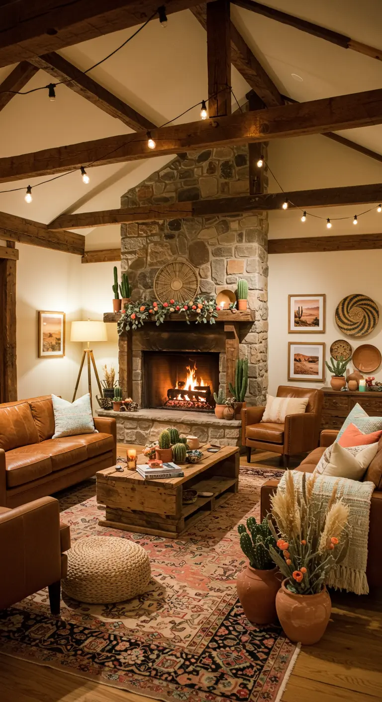 Salon rustique avec cheminée en pierre, canapés en cuir, tapis persan, et décorations corail et menthe.