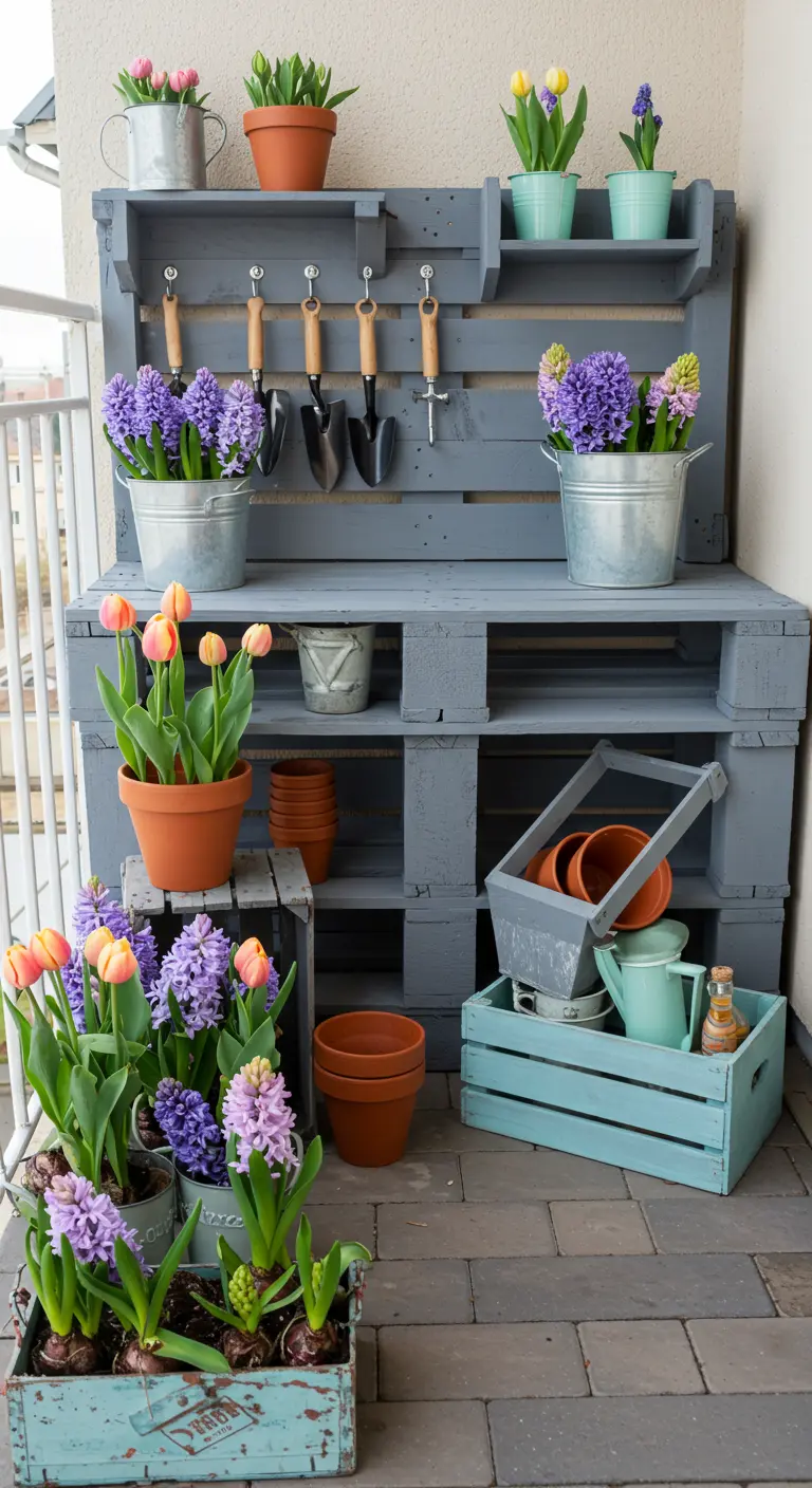 Coin jardinage sur un balcon avec un établi en palettes grises, jacinthes, tulipes et outils suspendus.