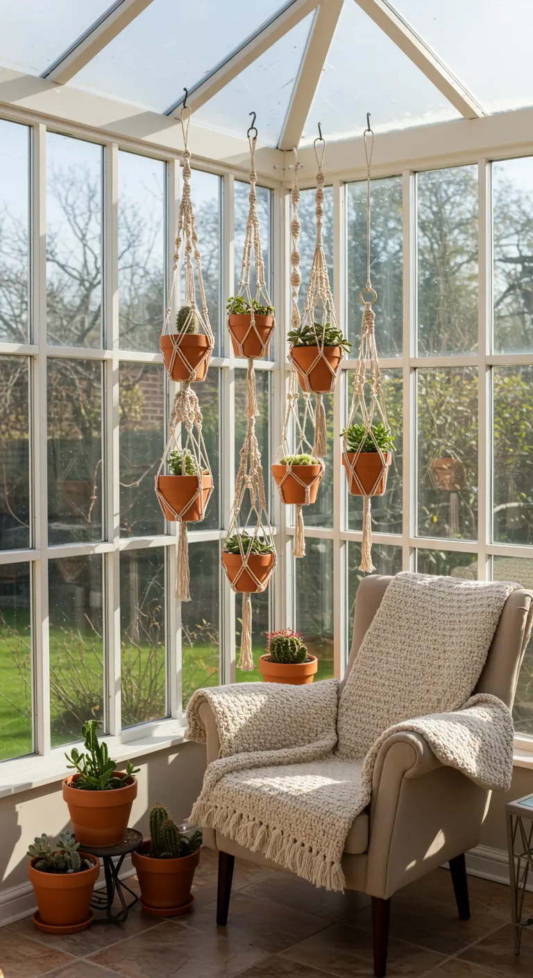 Pots en terre cuite suspendus en macramé et posés au sol dans une véranda lumineuse avec un fauteuil.