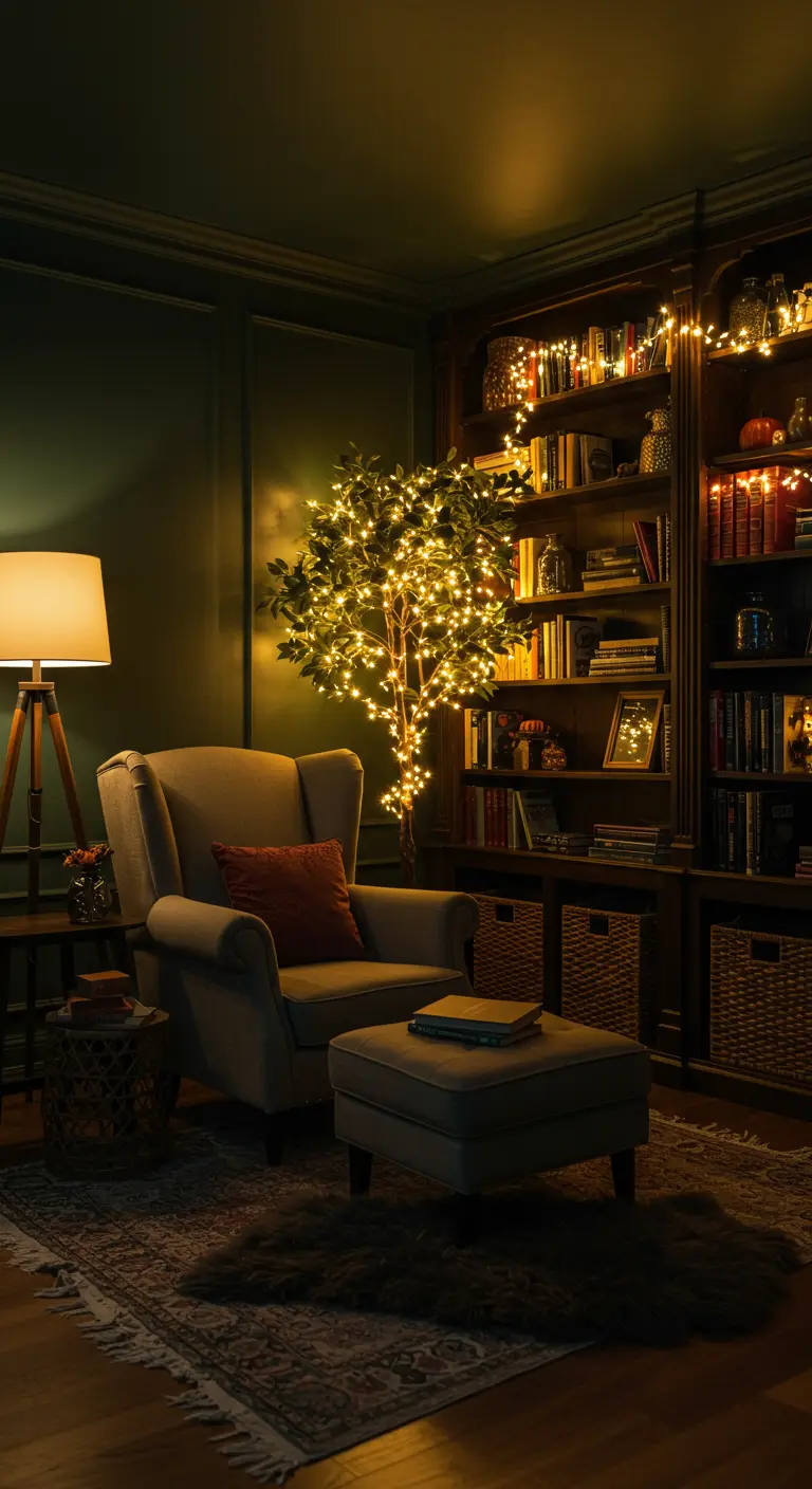 Coin lecture douillet avec un arbre lumineux et des guirlandes sur une bibliothèque.
