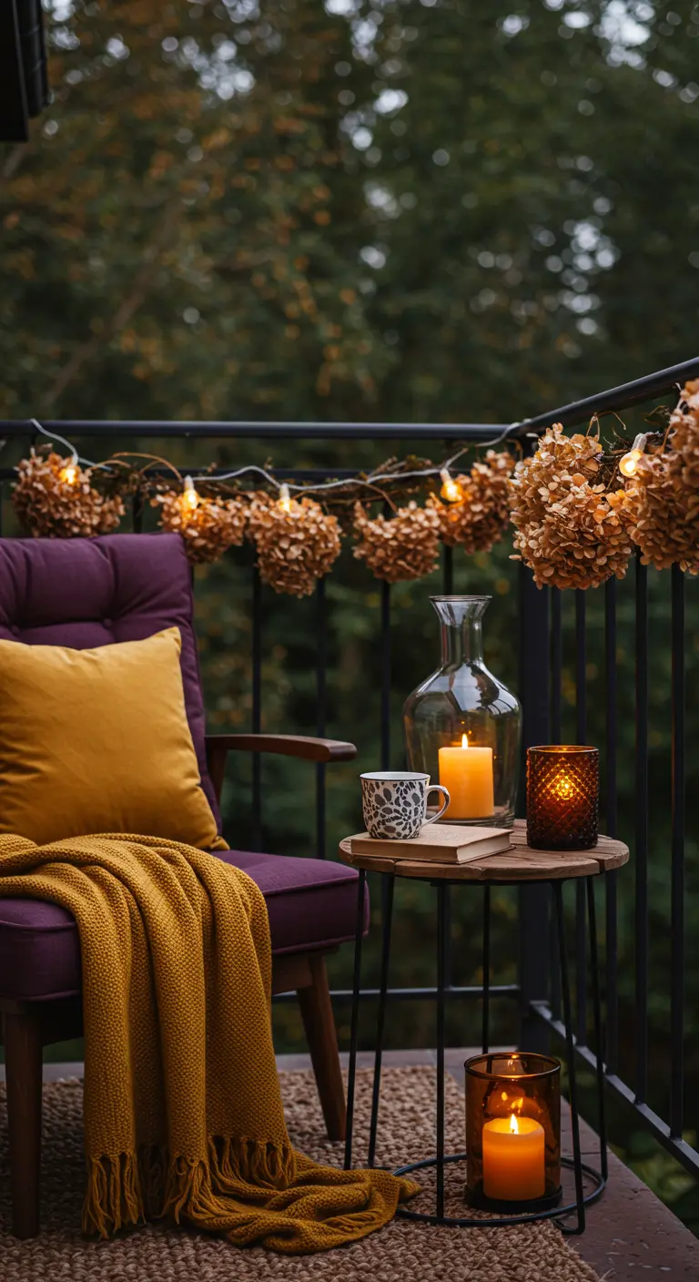 Fauteuil prune avec plaid moutarde, bougies et guirlande d'hortensias séchés sur un balcon.