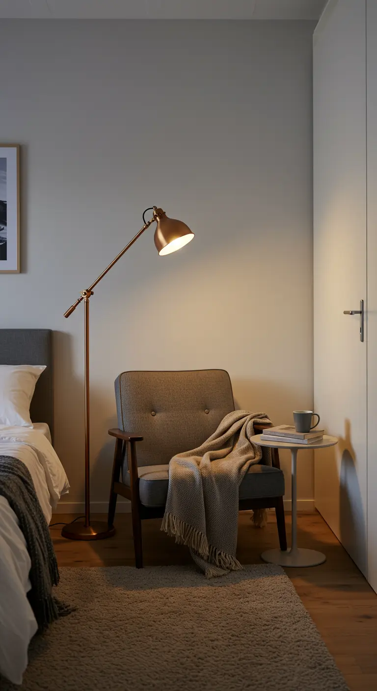 Lampadaire articulé en cuivre éclairant un fauteuil avec plaid et petite table d'appoint.