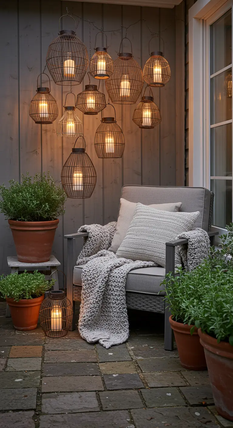 Coin de patio confortable avec un fauteuil, des plaids et un groupe de lanternes solaires suspendues.