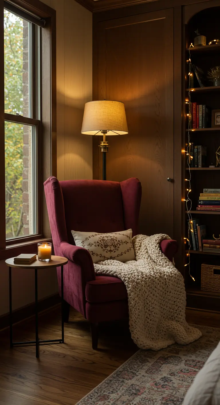 Coin lecture cosy avec fauteuil bordeaux, plaid en grosse maille, petite table et guirlande lumineuse.