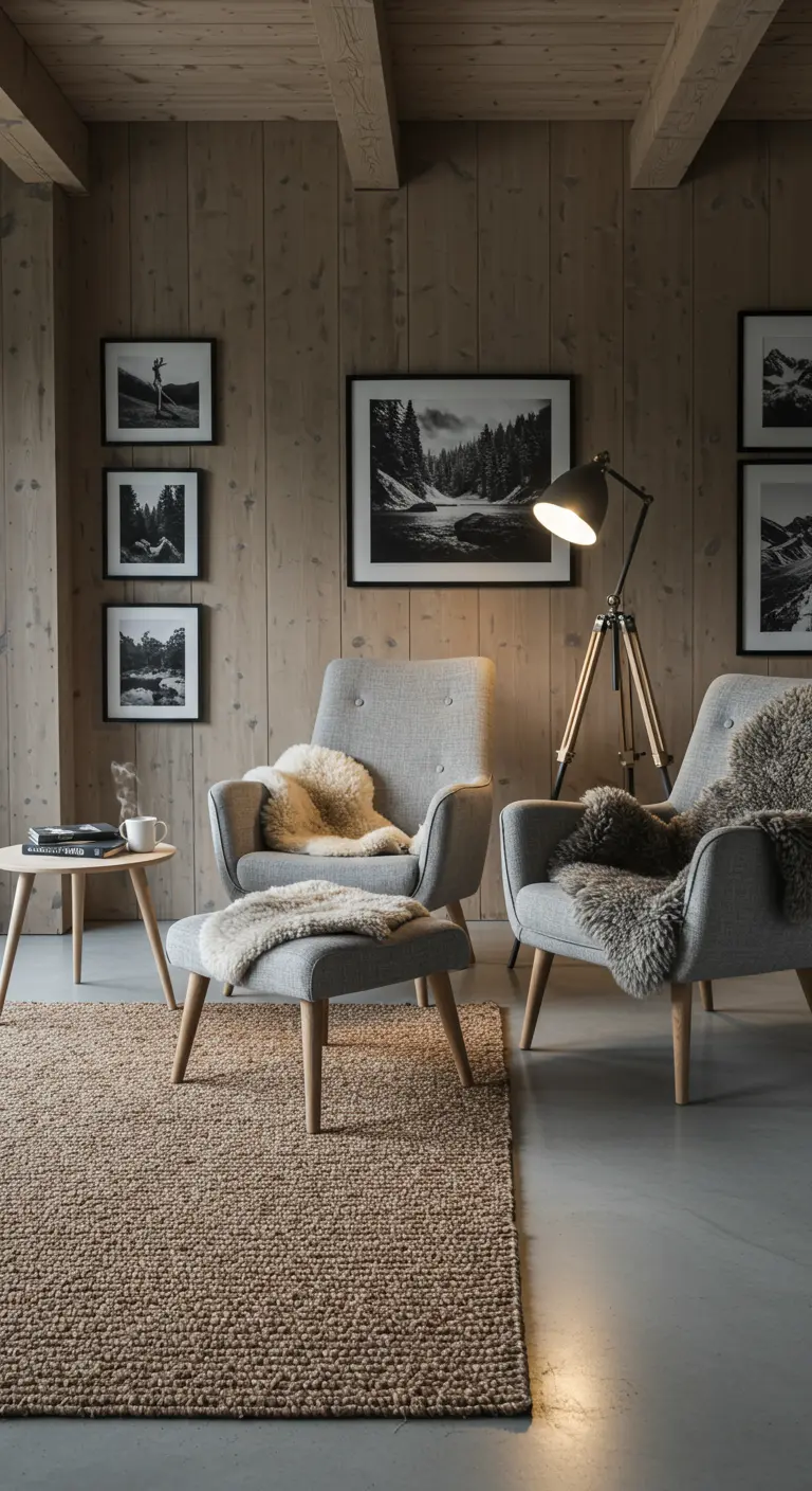 Deux fauteuils gris avec peaux de mouton, lampadaire trépied, tapis jute et mur en bois clair.