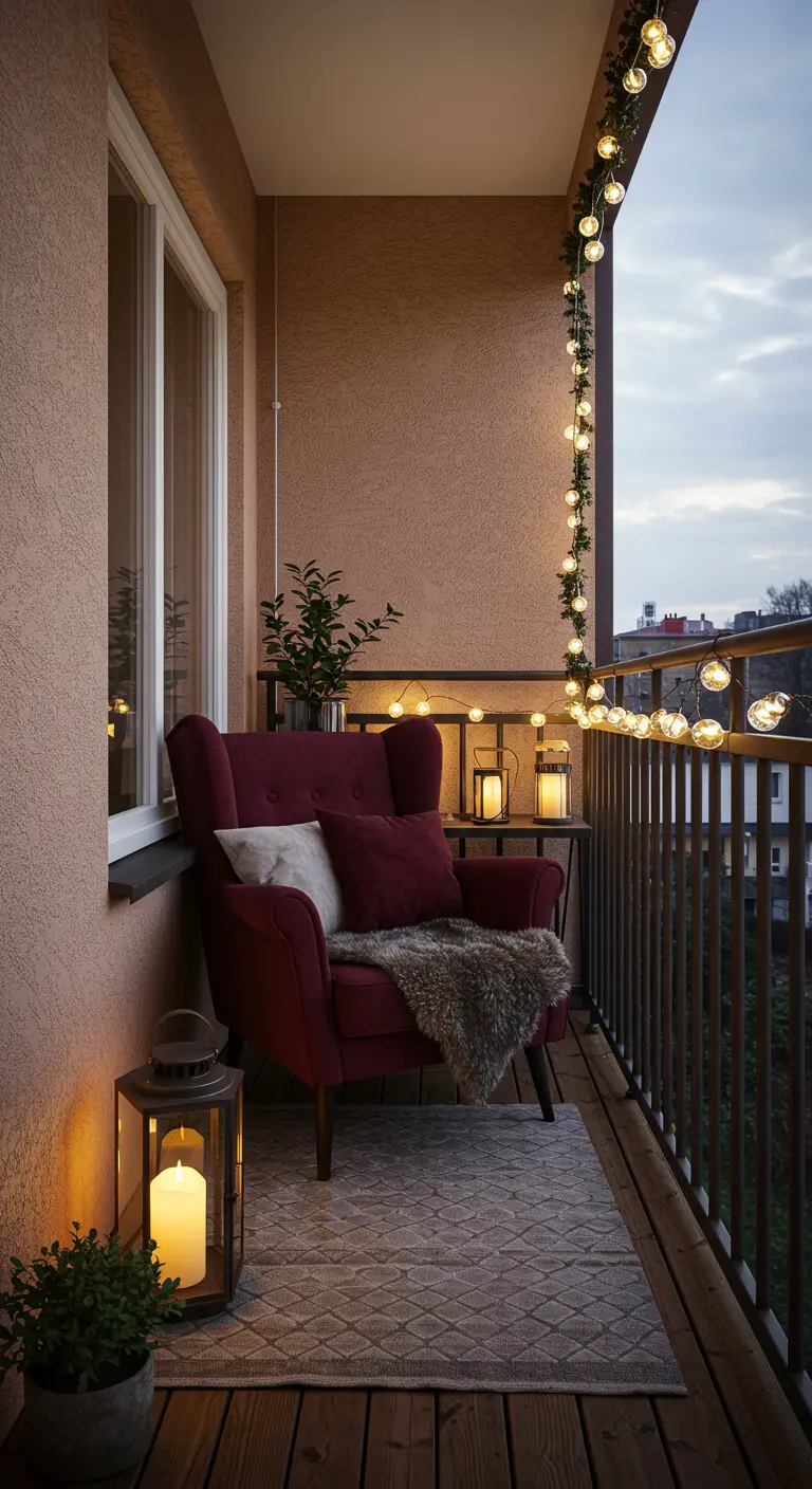 Petit balcon avec fauteuil bordeaux, plaid en fausse fourrure, guirlande lumineuse et lanterne.